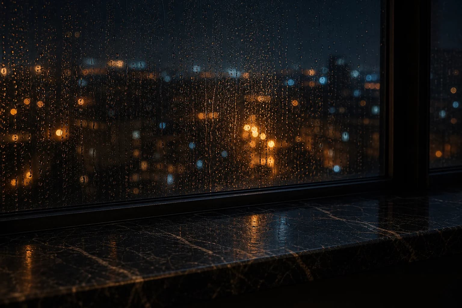 A rain-streaked window at night with soft city lights beyond and a dark stone ledge