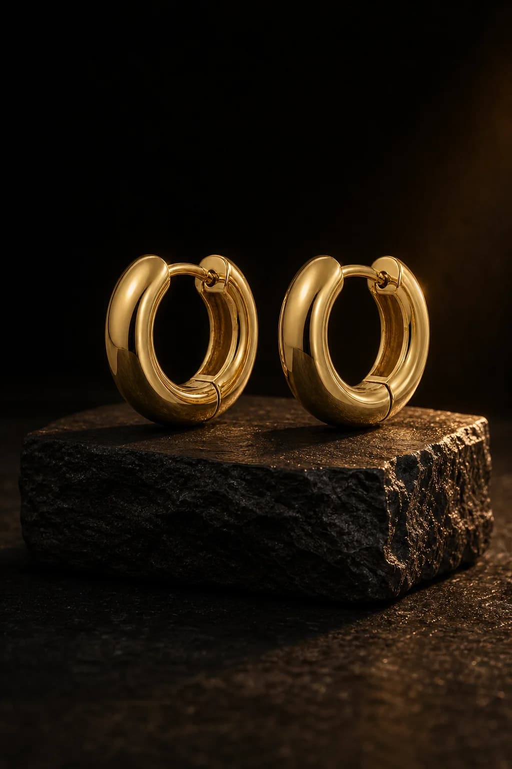 A pair of chunky gold huggie hoops standing on black slate under a raking warm light